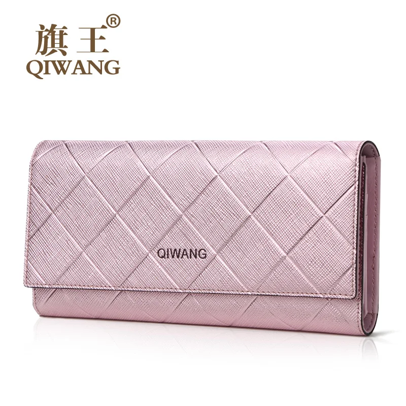 

Qiwang Genuine Leather Women Wallets Luxury Brand Solid New Design High Quality Fashion Girls Pink Purse Card Holder Long Clutch