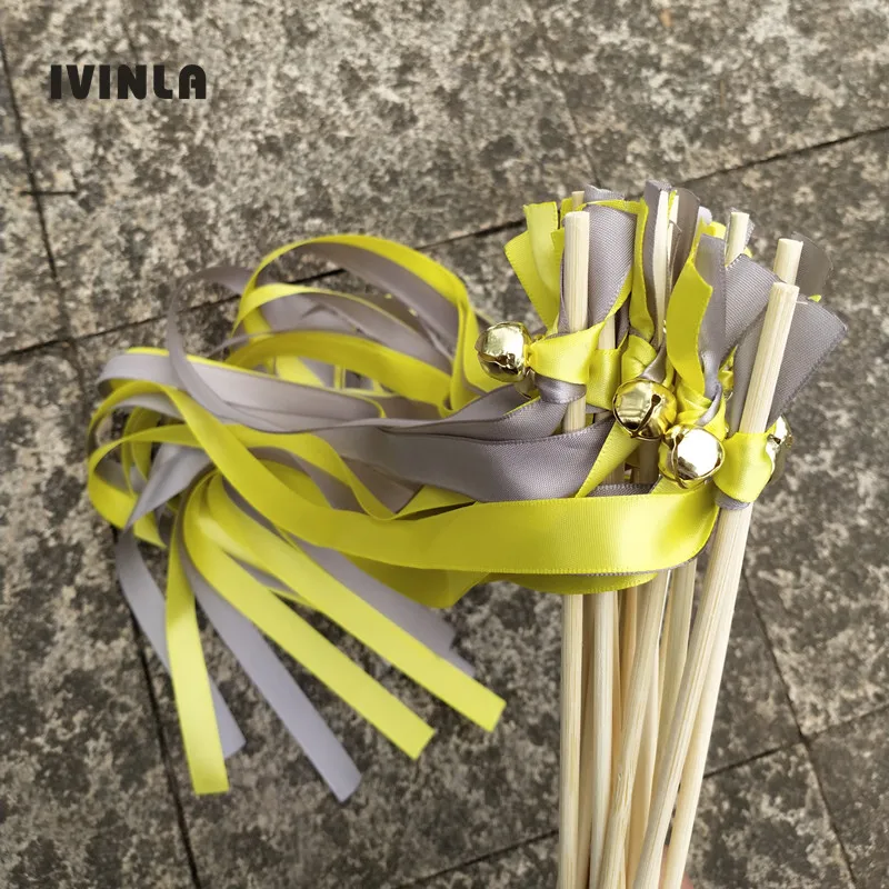 50pcs/lot light sliver and yellow wedding ribbon wands With big Bells for wedding decoration