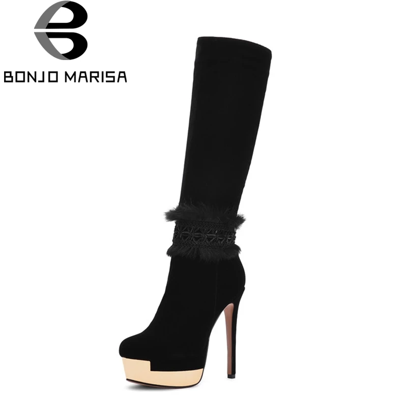 

BONJOMARISA Women's Fur Decoration High Heels Platform Shoes Woman Zipper Closure Suede Knee Boots Size 34-39