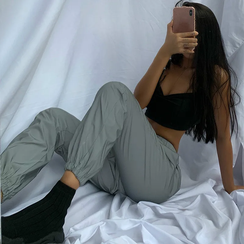 

Girls Noctilucent Reflective Pants Shiny Female Loose Stretch Casual Streetwear Long Grey Track Running Jogger Pants Night Wear