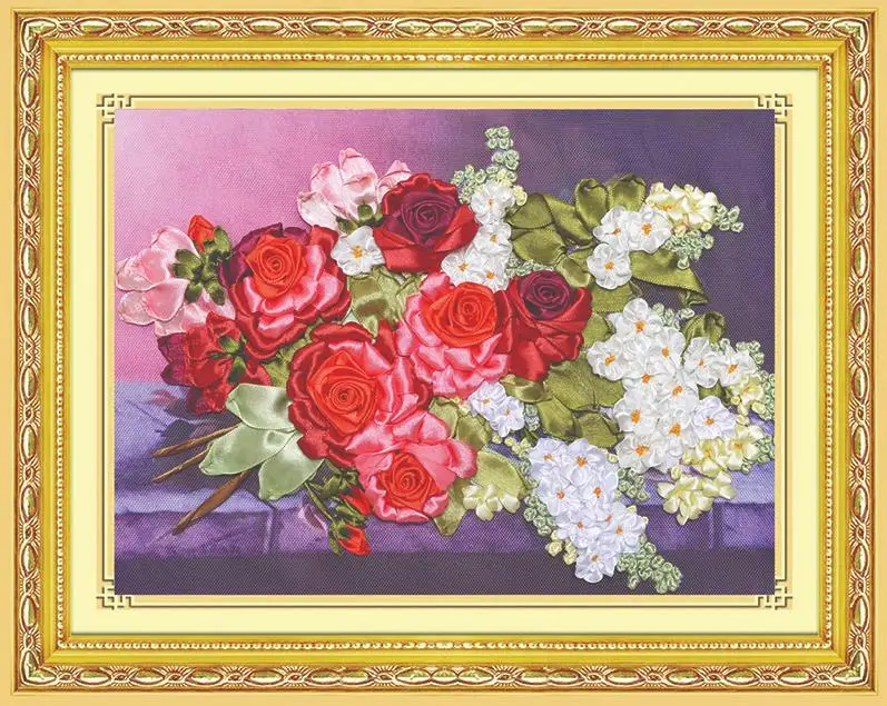 

40x30cm DIY 3d Cross Stitch Kit Needlework Embroidery Ribbon Kits Roses Flowers Ribbon Embroidery Painting Stitching Craft Gift