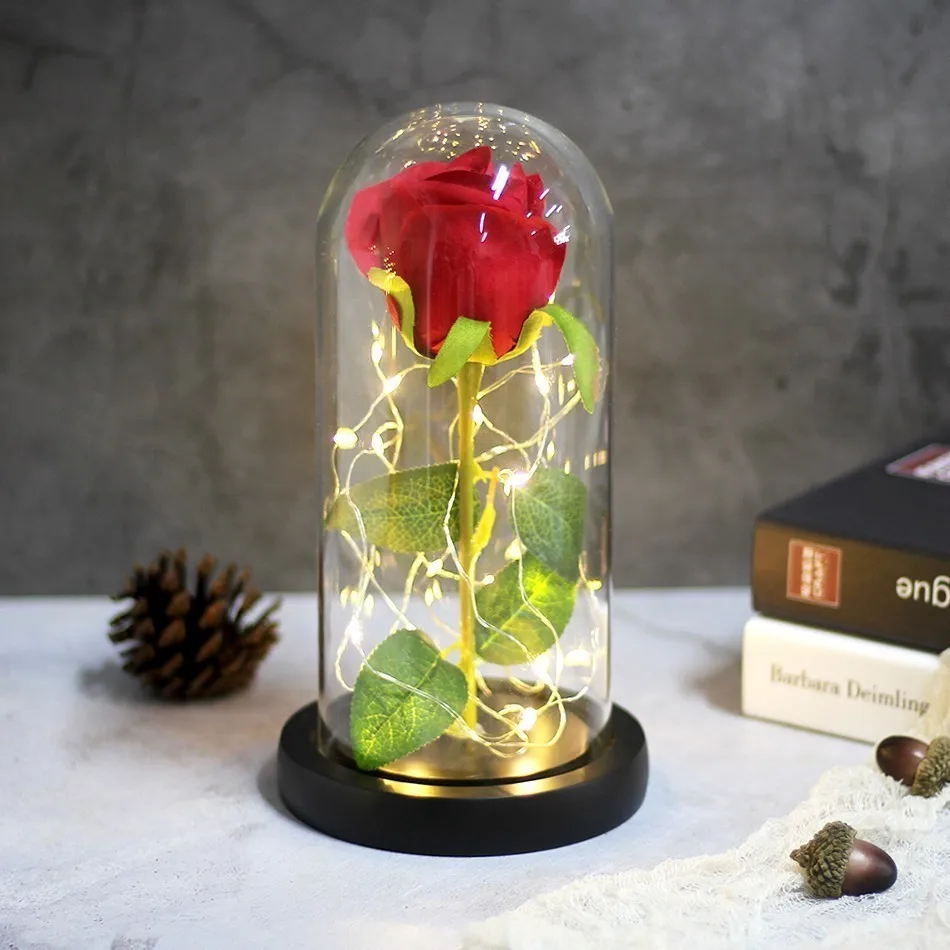 

Beauty And The Beast Red Rose In A Glass Dome On A Wooden Base For Valentine's Day Gifts Home Table Decoration Eternal Flowers