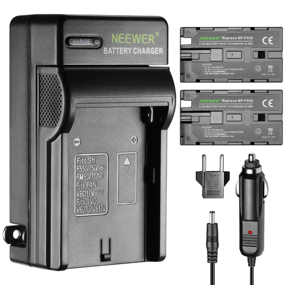 

Neewer 2 Pieces 2600mAh Li-ion Replacement Battery for Sony F550 and AC Charger with US/EU Plug Car Adapter