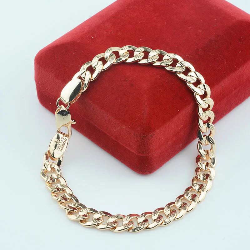 

FJ 8mm 10mm Big Men Women Jewelry 585 Gold Color Bracelet Curb Engraving Chain Jewelry (NO RED BOX)