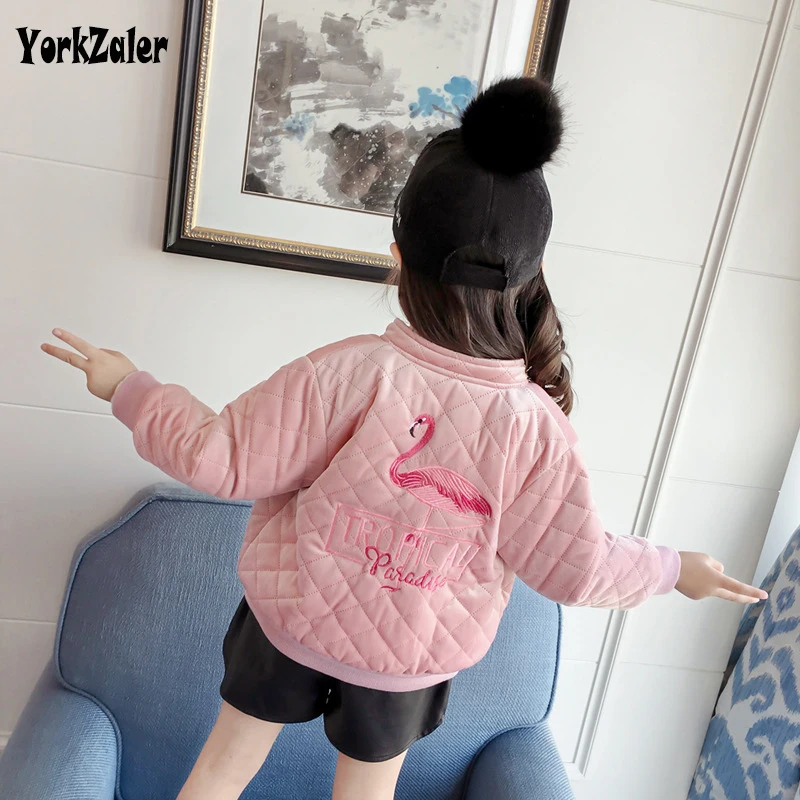 

Yorkzaler Winter Kids Embroidery Flamingo Outerwear Long Sleeve Thicken Girl Coats Pink High Quality Toddler Baby Cllothes