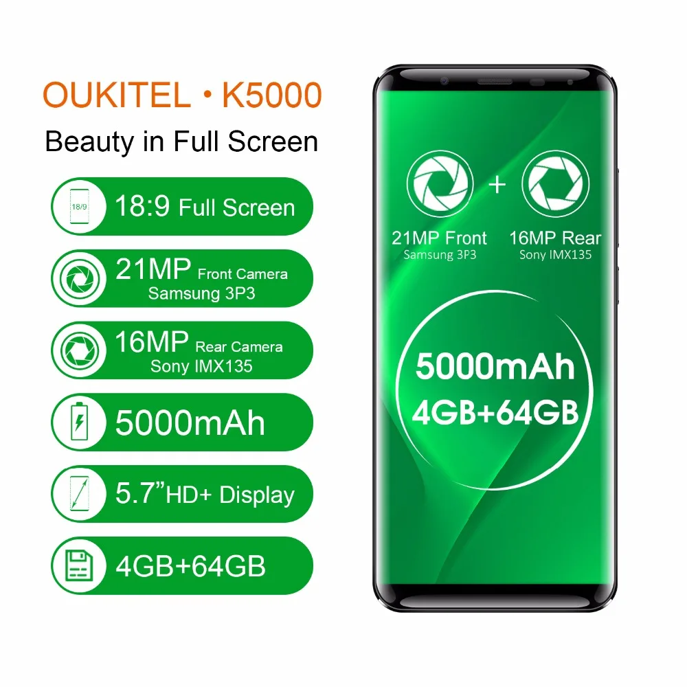 Oukitel K5000 5000 мАч 5 7 &quotHD 18:9 Дисплей 4 Гб Оперативная память 64 Встроенная MTK6750T Octa
