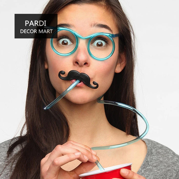 Hot funny creative plastic straw mustache eyeglasses straw drinking