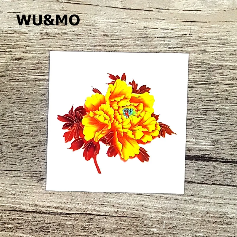 WU&MO 6X6cm Little Colorful Yellow Peony Flower Designer Temporary Tattoo Sticker Body Art Water Transfer Fake Taty for Face fake-body-tattoos : image WU&MO 6X6cm Little Colorful Yellow Peony Flower Designer Temporary Tattoo Sticker Body Art Water Transfer Fake Taty for Face fake-body-tattoos