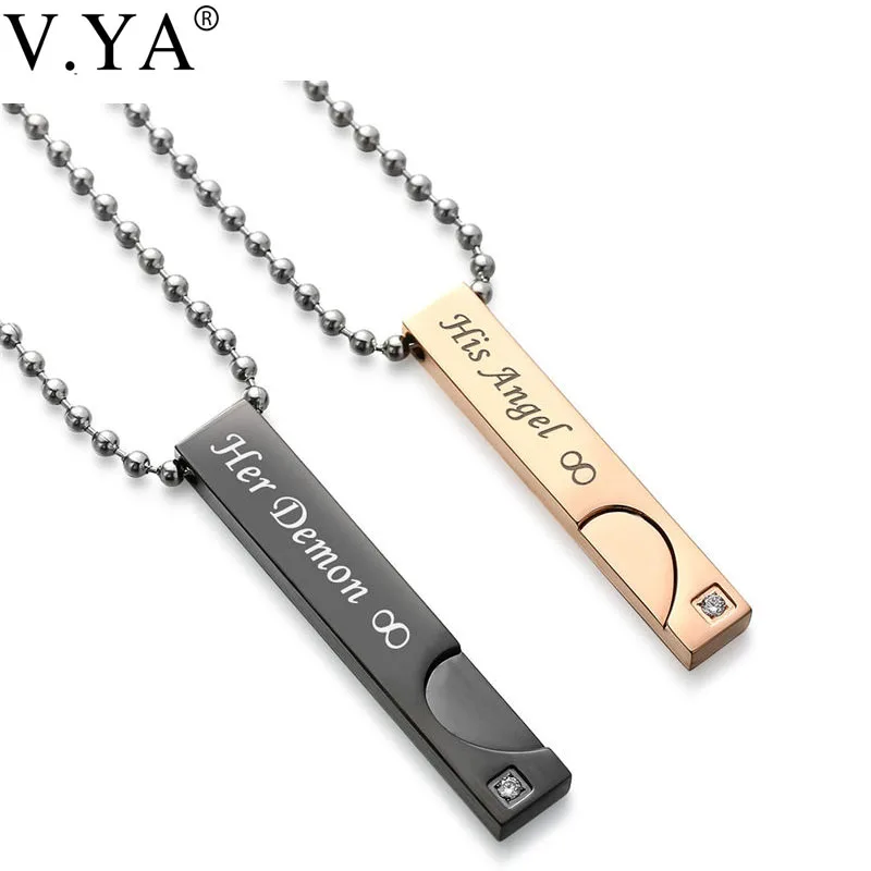 

V.Ya "His Angel & Her Demon,Beauty & Beast,His King & His Queen"Love Heart Couple Necklaces Stainless Steel Women Gifts Dropship
