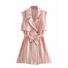 Long Suit Women's Casual Slim British Style Striped Sleeveless Vest Summer Fashion Female Office Lady Thin Jacket with Bow Long Suit Women's Casual Slim British Style Striped Sleeveless Vest Summer Fashion Female Office Lady Thin Jacket with Bow