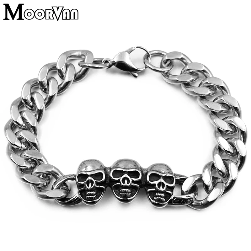 

Moorvan 3 skull head for charistmas halloween gift,stainless steel high quality chain skeleton bracelet man men 2018 pop jewelry
