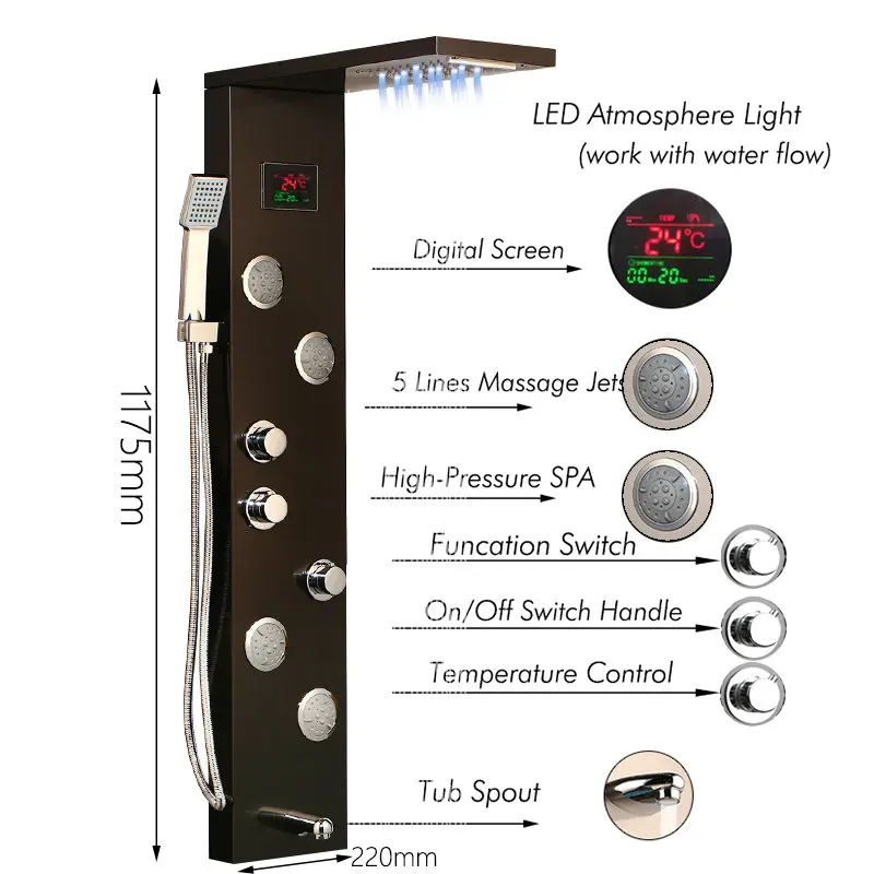 Flash Deal JIENI LED Bathroom Shower Faucet Temperature Digital Display Shower Panel Body Massage System Jets Towel Shower Column Faucet 2