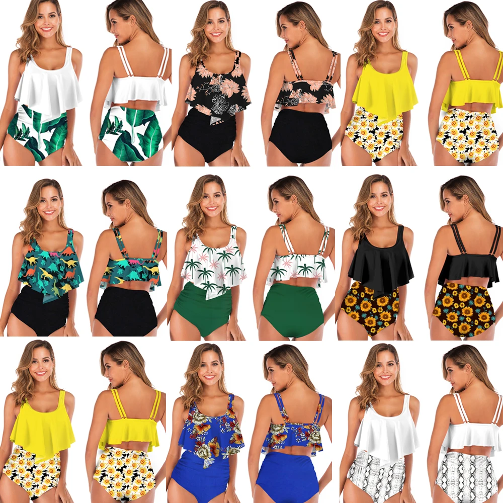 

2019 Womens High Waist Bikini Set Push Up Swimsuit Swimwear Sunflower Ruffle Bikini Summer Beach Swimsuit High Waist Plus Size