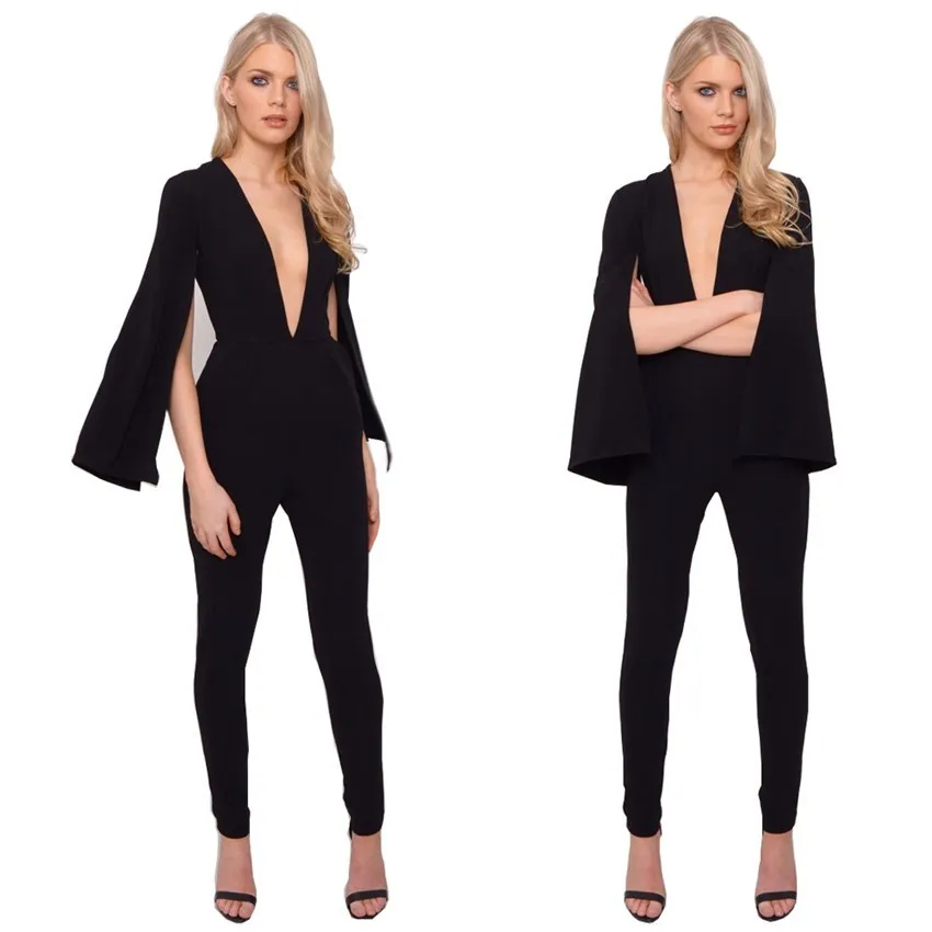 

#1520 V-neck Fitness Skinny Black Long Sleeve Jumpsuit Sexy Women Jumpers And Rompers Sexy Club V-neck Bodycon High Stretch