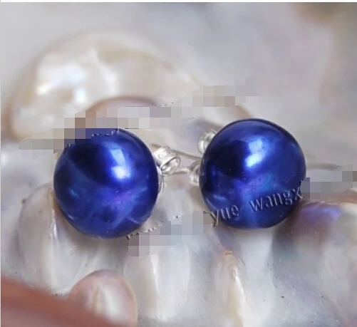 

00 FREE SHIPPING dBig 11-12mm Dark Blue Akoya Pearl Silver Stud Earrings,AAA+