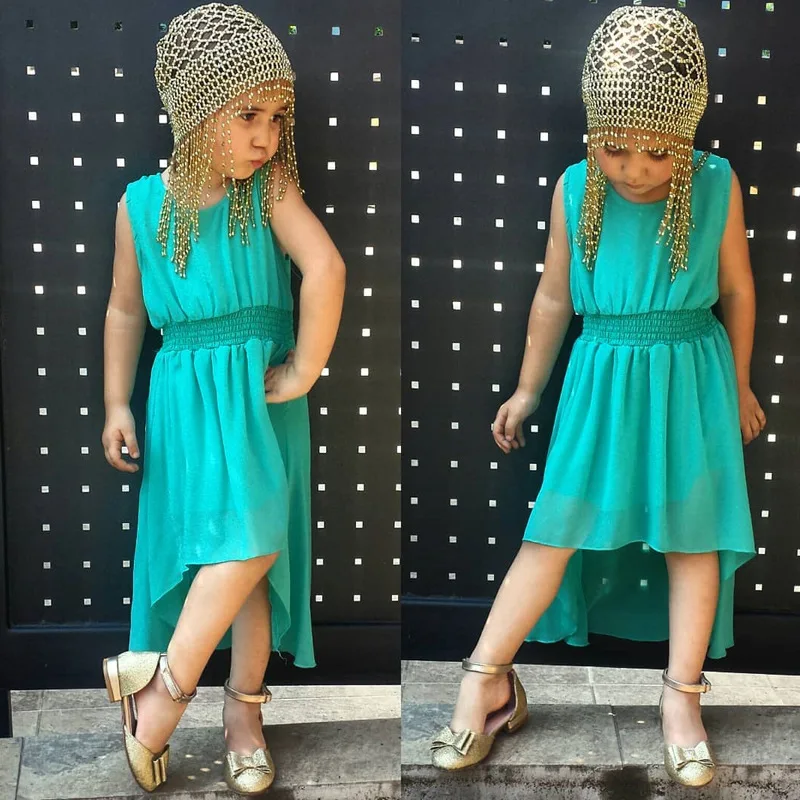 

girl summer asymmetrical dress solid cyan tail sleeveless clothes for kids