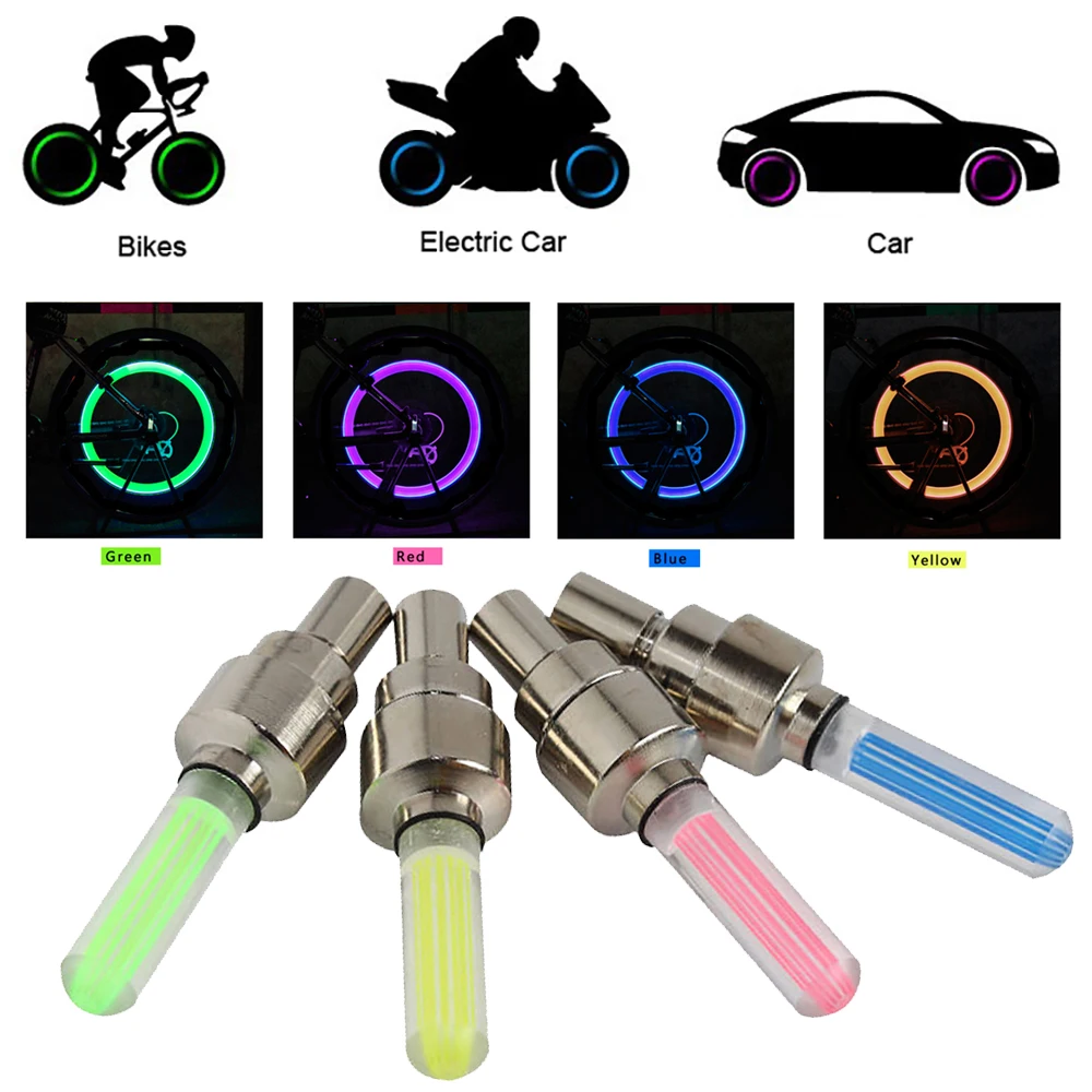 4 LED Wheel Tyre Tire Valve Dust Cap Light Green For Bike Bicycle Motorcycle Car