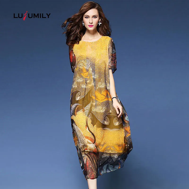 

Lusumily Chinese Style Summer Dress Women Plus Size 3XL Floral Chiffon Dress Female Vintage Elegant Short Sleeve Boho Vestidos