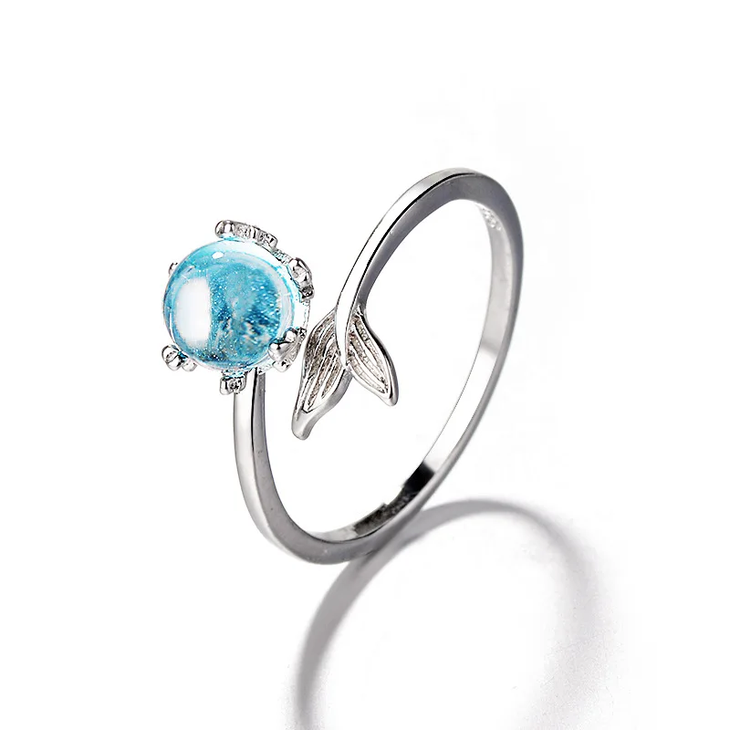 

Blue Crystal Mermaid Bubble Open Rings For Women Or Girl Creative Fashion Jewelry Adjustable Size Finger Ring