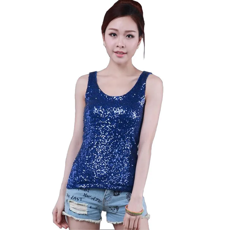 

Gagarich Sweet Sequined Women T Shirt Solid Sleeveless Sexy Shiny T-Shirts Women Clothes 2019