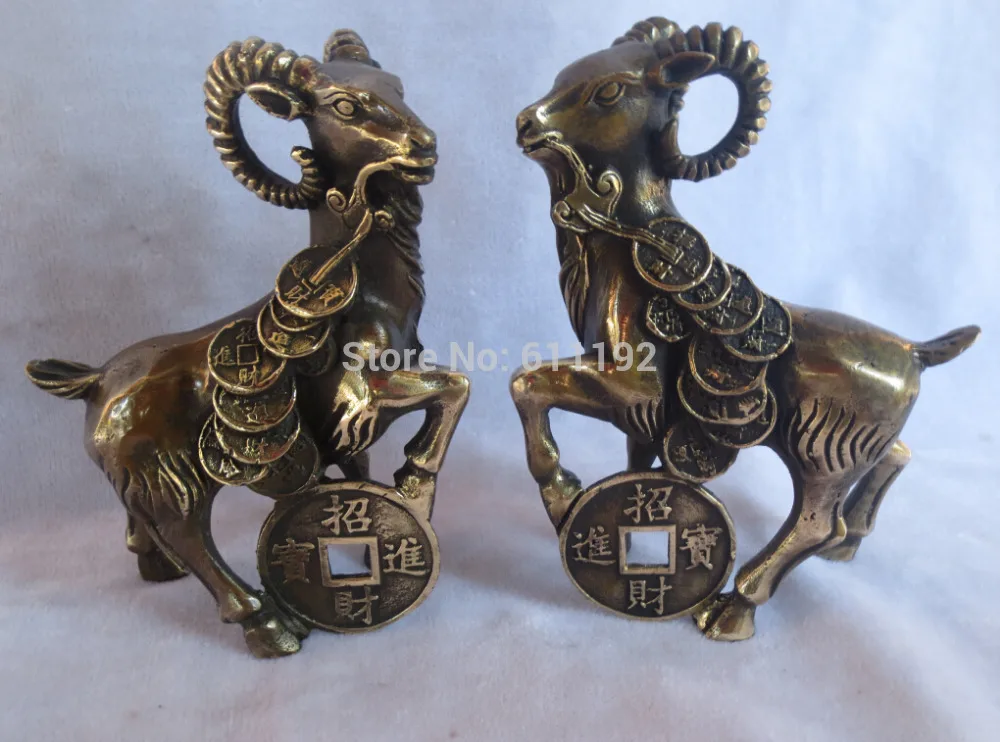 

A pair folk art handmade brass Lucky sheep sculpture,Home FengShui decoration Goat statue metal crafts