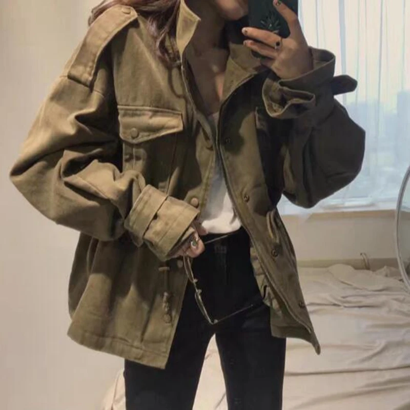 

2018 autumn new chic retro versatile tooling loose casual pocket waist windbreaker jacket woman