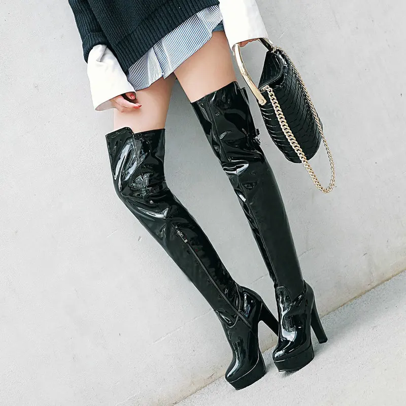 

Women Sexy Nightclub Patent Leather Over the Knee Boots Fashion Platform Square Heel Thigh Boots Winter Plush Warm Shoes Black
