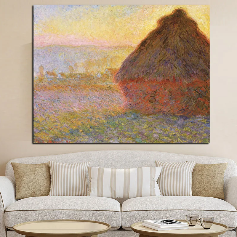 HD Print Claude Monet Haystack at Sunset Landscape Oil Painting on Canvas Art Wall Picture Poster for Living Room Sofa Cuadros