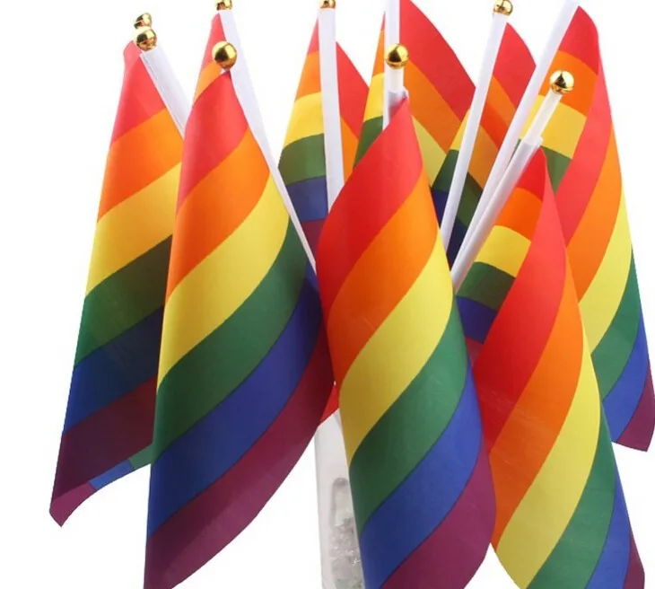 

100 pcs/lot free shipping Rainbow hand flag Hand Waving Gay Pride LGBT parade Les Bunting 14x21cm Lesbian Peace party decotation