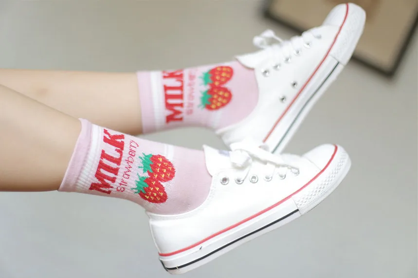 Pile Heap Milk Women Pink Socks Cotton Cartoon Fruit Print Cute Socks Meias Korean Harajuku Style with Cow Strawberry Banana 39