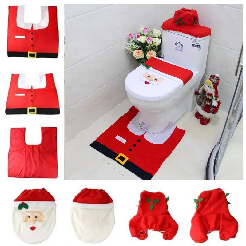 Christmas Toilet Cover 3pcset Santa Toilet Seat Cover Bathroom Rug Carpet Tank Cover New Year home decorations Xmas Decoration