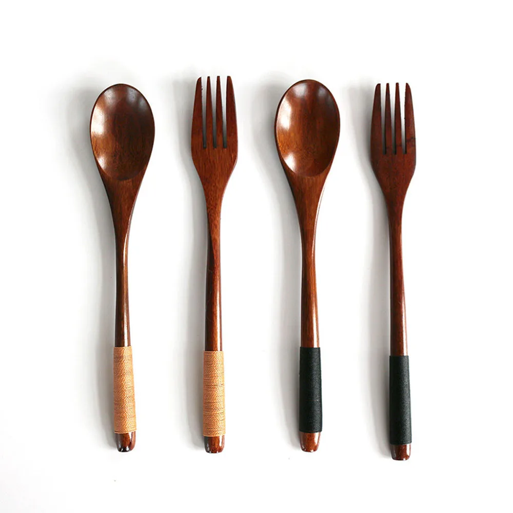 

2PC Western Tableware Wood Fork Spoon Dessert Set Retro vintage style Fruit Serving Children Food Utensi scoop supply