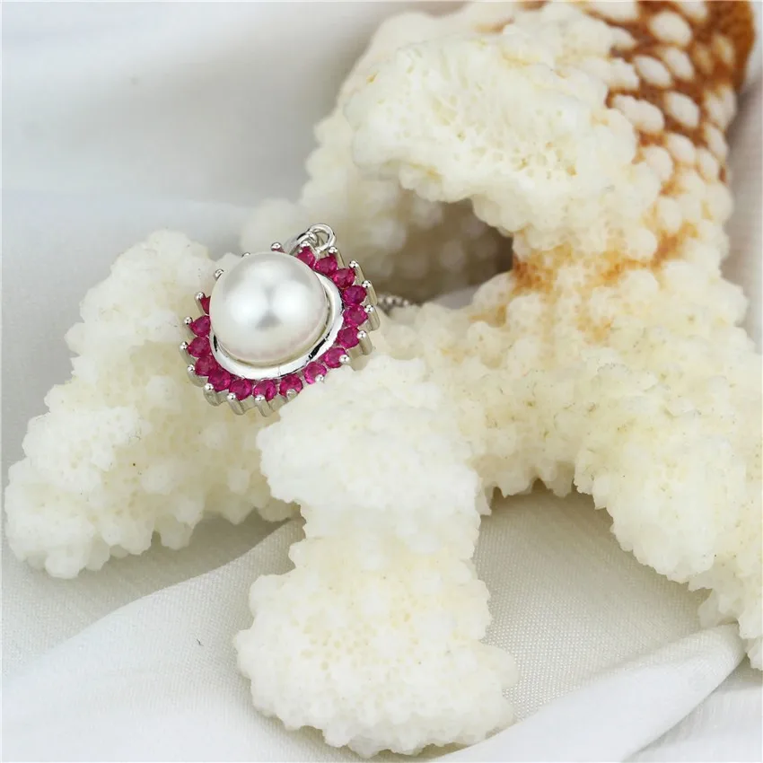 Snh стерлингового серебра 925 Розовое красное ожерелье 9.5-10 мм AAA натуральный белый кнопку Перл Подвеска ювелирные изделия для женские