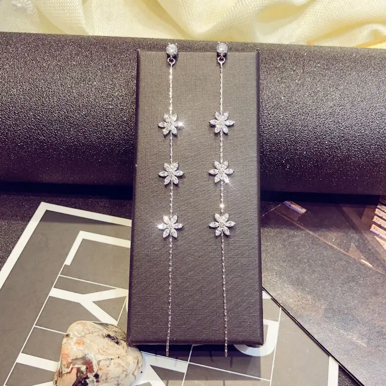 

Women's Cubic Zircon Long tassels Drop Earrings for banquet party wedding elegant noble crystal flowers korean style Earrings