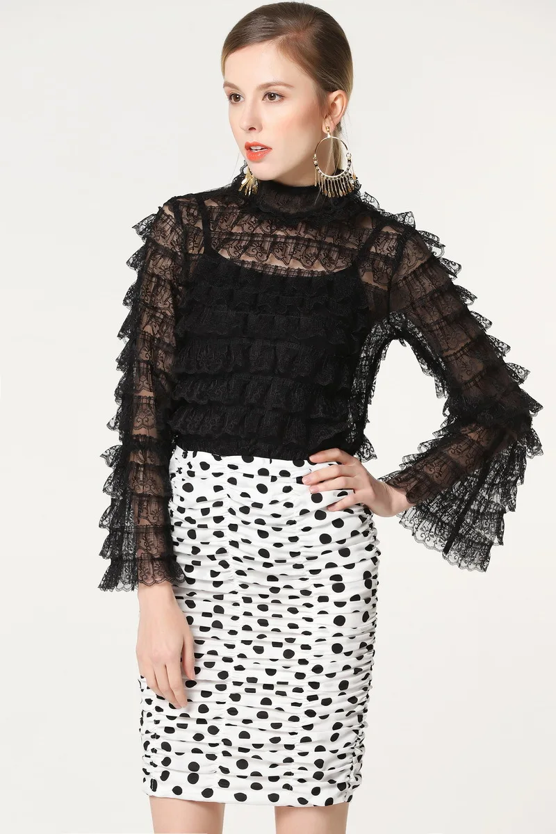 

New 2019 spring women's long sleeves lace Shirts +Polka Dot skirts two piece set women's set G056