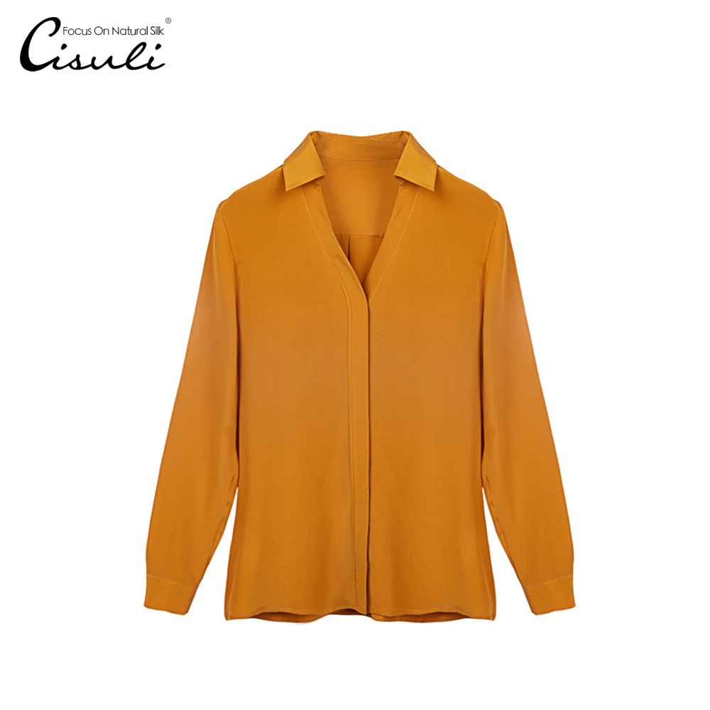 

100% Mulberry Silk Shirt/Natural Silk Crepe Blouses Women/Plus Size Women 5XL/Orange Color/Shirt Woman Long Sleeve/Office Shirt