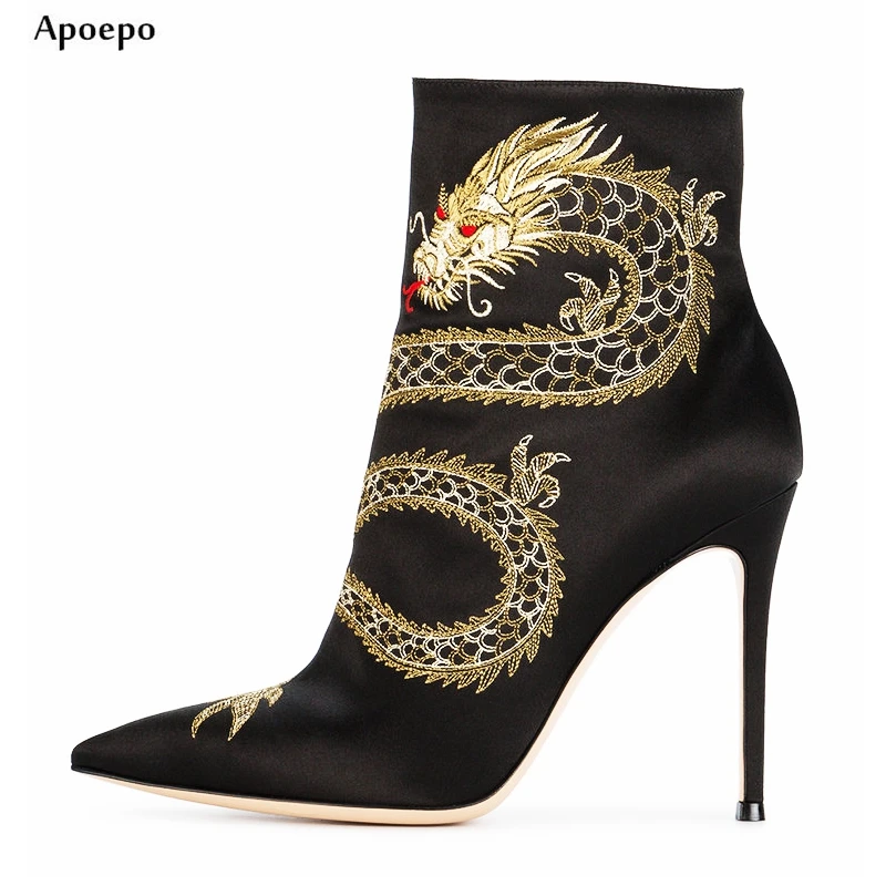 

New Fashion High Heel Boots for Woman 2018 Pointed Toe Gold Dargon Embroidery Ankle Boots Thin Heels Short Boots