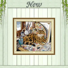 Картина маслом и котом, мультяшный принт с животными, напечатанный на холсте, DMC 11CT 14CT, китайский Набор для вышивки крестиком, наборы для рукоделия, вышивка