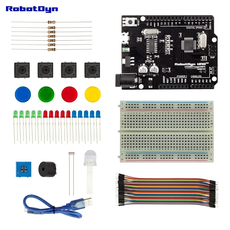 Стартовый набор, совместимый для Arduino Uno R3 проектов, с макетной платой, перемычкой провода, цвет и RGB светодиодный, кнопка, зуммер, светильник, датчик - Цвет: KIT1