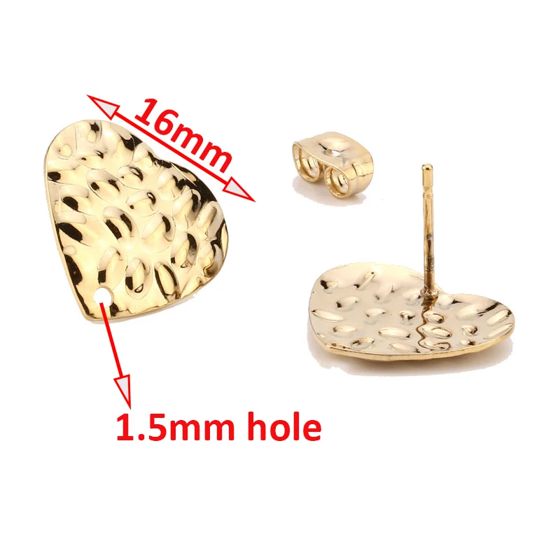Нержавеющая сталь золото 16 мм круглый сердце квадратные Сережка-гвоздик, пост пустой молотком поверхность уха база с петлей для упаковки крема для рук из бисера - Цвет: Heart Gold 16mm