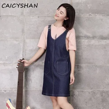 

New Summer Style Women Dresses Vestido Plus Size Loose Casual Pink Short T-Shirt And V-Neck Slim Braces Vest A-line Jeans Dress