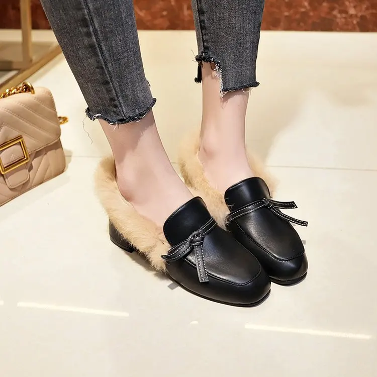 

2018 new shallow mouth bow small shoes low heel thick with single shoes a pedal.