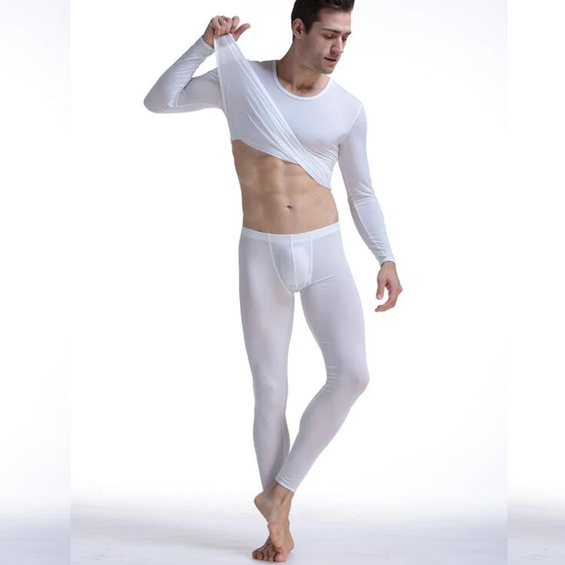 KWAN.Z Men's Thermal underwear suit elastic ultra-thin long johns thermo Underwear silk translucent Pajamas mens top leggings
