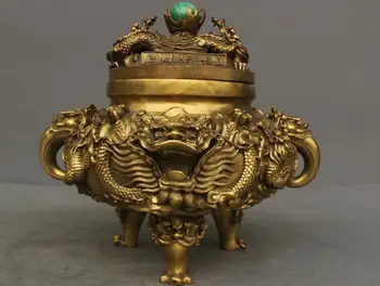 

10'' China Temple Classic Bronze Copper Dragon Nine Dragon Censer incense Burner