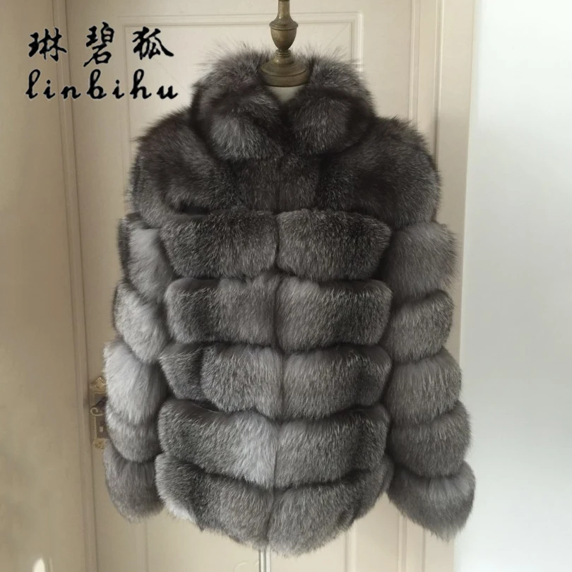 Подлинная Silver Blue Fox Шуба Стенд воротник Для женщин модные роскошные натуральный Лисий Мех Теплая куртка Женская зимняя обувь реальные