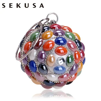 

SEKUSA Fashion Ceramics Women Clutch Bags Bohemian Style Lady Chain Shoulder Round Shaped Party Wedding Handbags Diamonds Bags