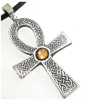 

30pcs a lot antique silver plated religious ankh cross with orange crystal pendant necklace jewelry