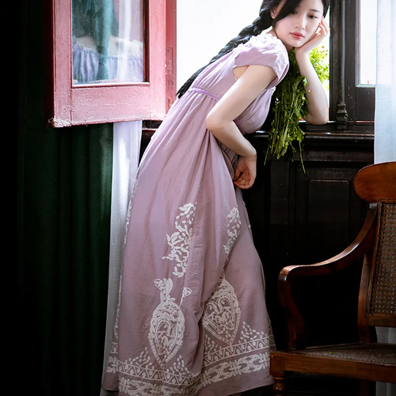 

Women Summer Vintge Court Style 100%Cotton Long Dress Ladies Retro Elegant Casual Loose Embroidery Purple/Green/Khaki Maxi Dress