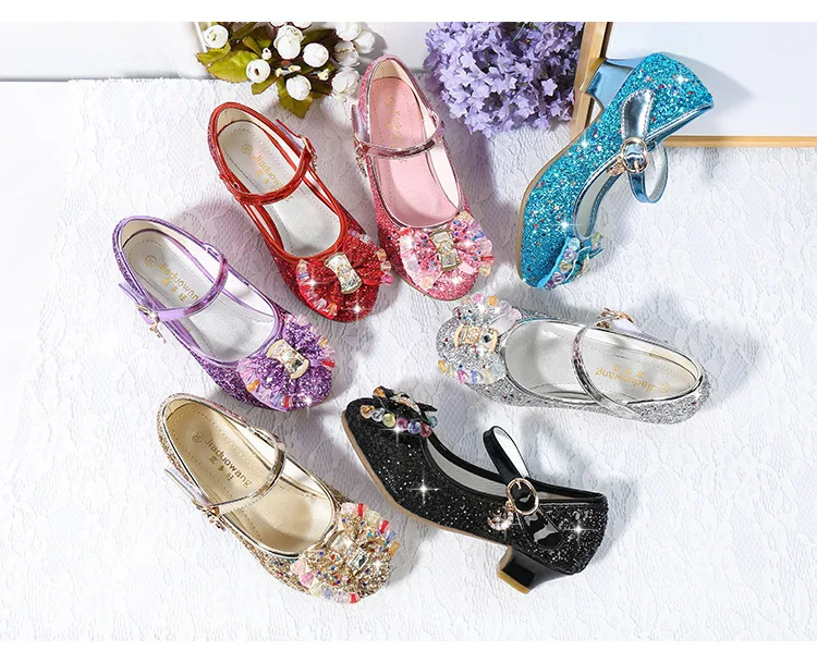 Детские сандалии принцессы; детская Свадебная обувь для девочек; модельные туфли на высоком каблуке; золотистые кожаные туфли с бантом для девочек; повседневная обувь