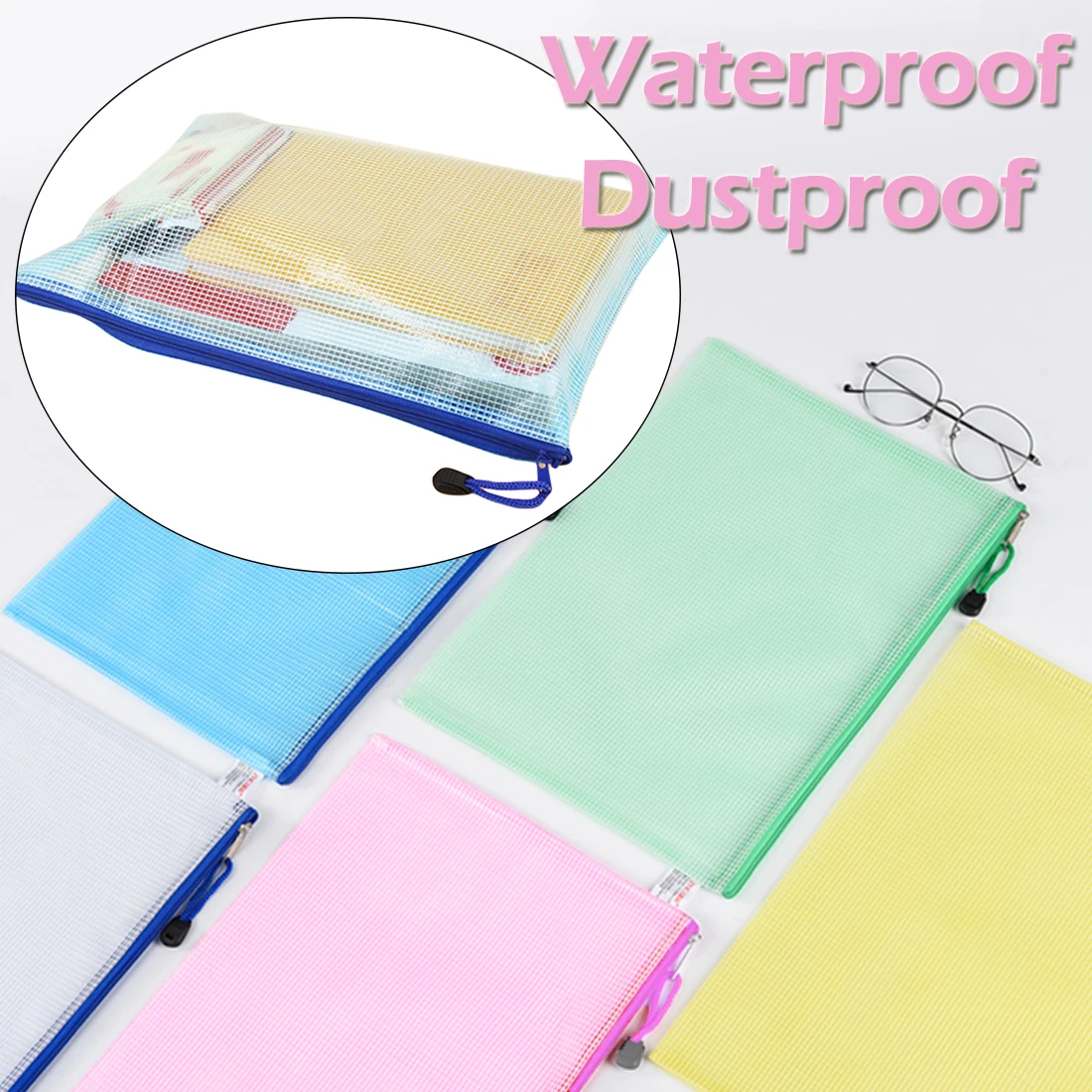 

Colorful Waterproof Plastic Zipper Paper File Folder Book Pencil Pen Case Bag File Document Bag Student Supplies Stationery Gift